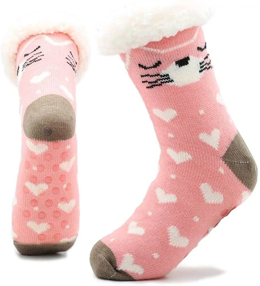 Cat Slipper Socks, Thermal Thick Sherpa Fleece Fur Lining Perfect Comfort and Warmth