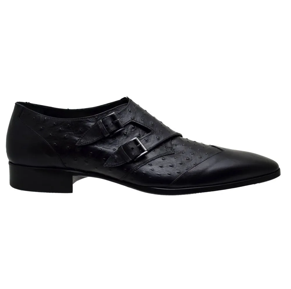 Men's Italian Monk Shoes Jo Ghost 1625 Black Leather Print Ostrich last pair size 45