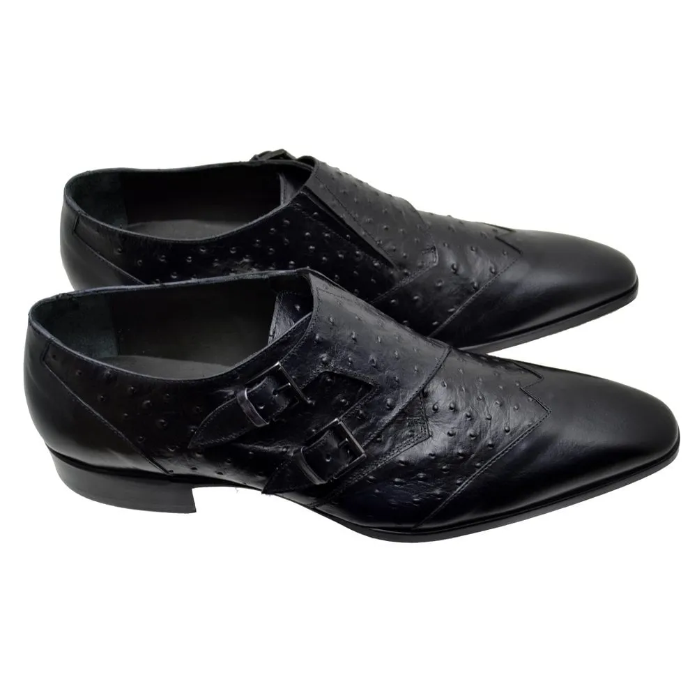 Men's Italian Monk Shoes Jo Ghost 1625 Black Leather Print Ostrich last pair size 45