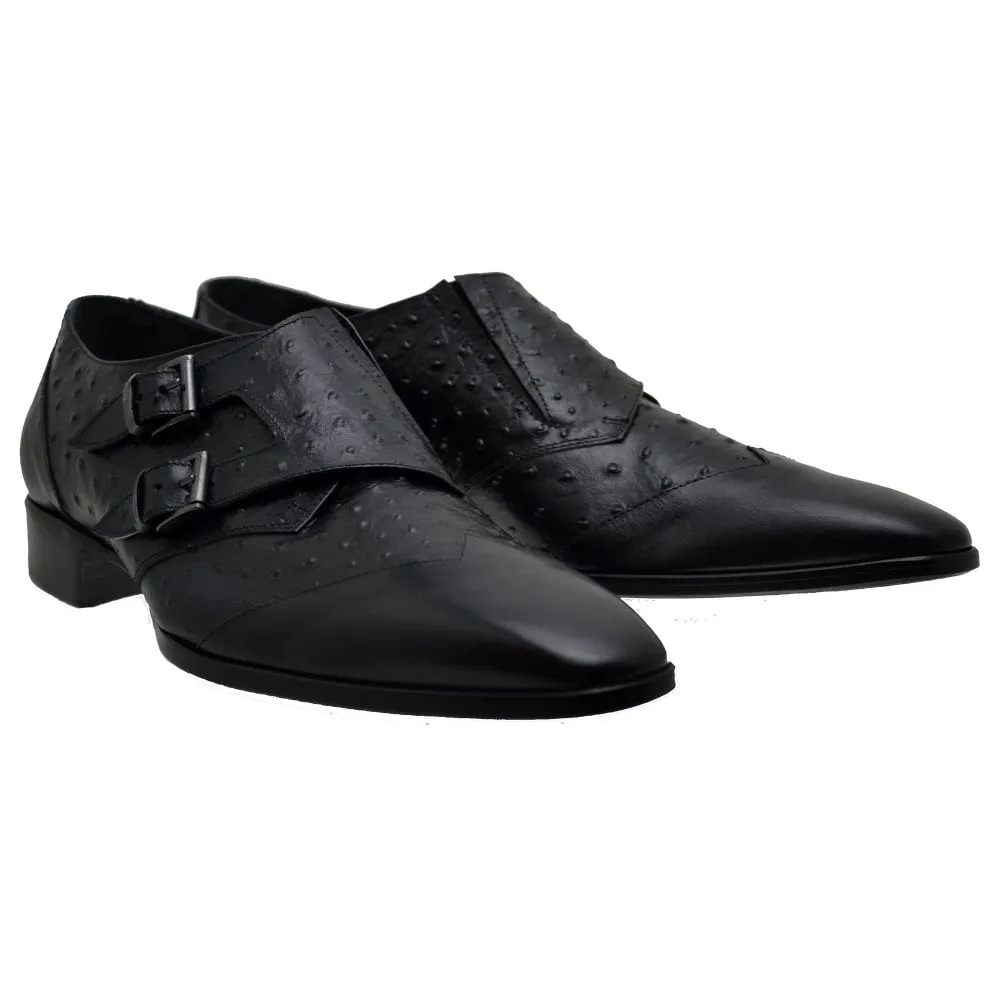 Men's Italian Monk Shoes Jo Ghost 1625 Black Leather Print Ostrich last pair size 45