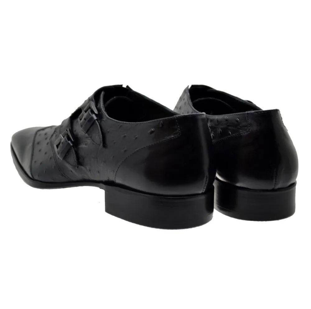 Men's Italian Monk Shoes Jo Ghost 1625 Black Leather Print Ostrich last pair size 45