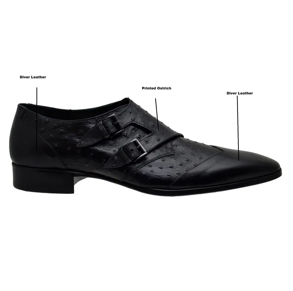 Men's Italian Monk Shoes Jo Ghost 1625 Black Leather Print Ostrich last pair size 45