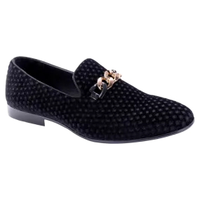Montique Men's Black Velvet Material Slip-on Shoe Gold Chain Fashion Design Loafers