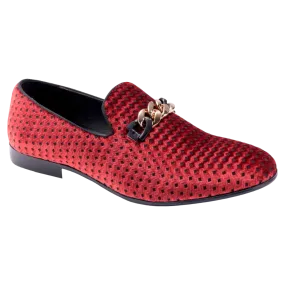 Montique Men's Red Velvet Material Slip-on Shoe Gold Chain Fashion Design