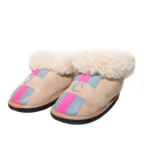 Natural Adult Bootie Slippers: Personalised Monogram with Stripes