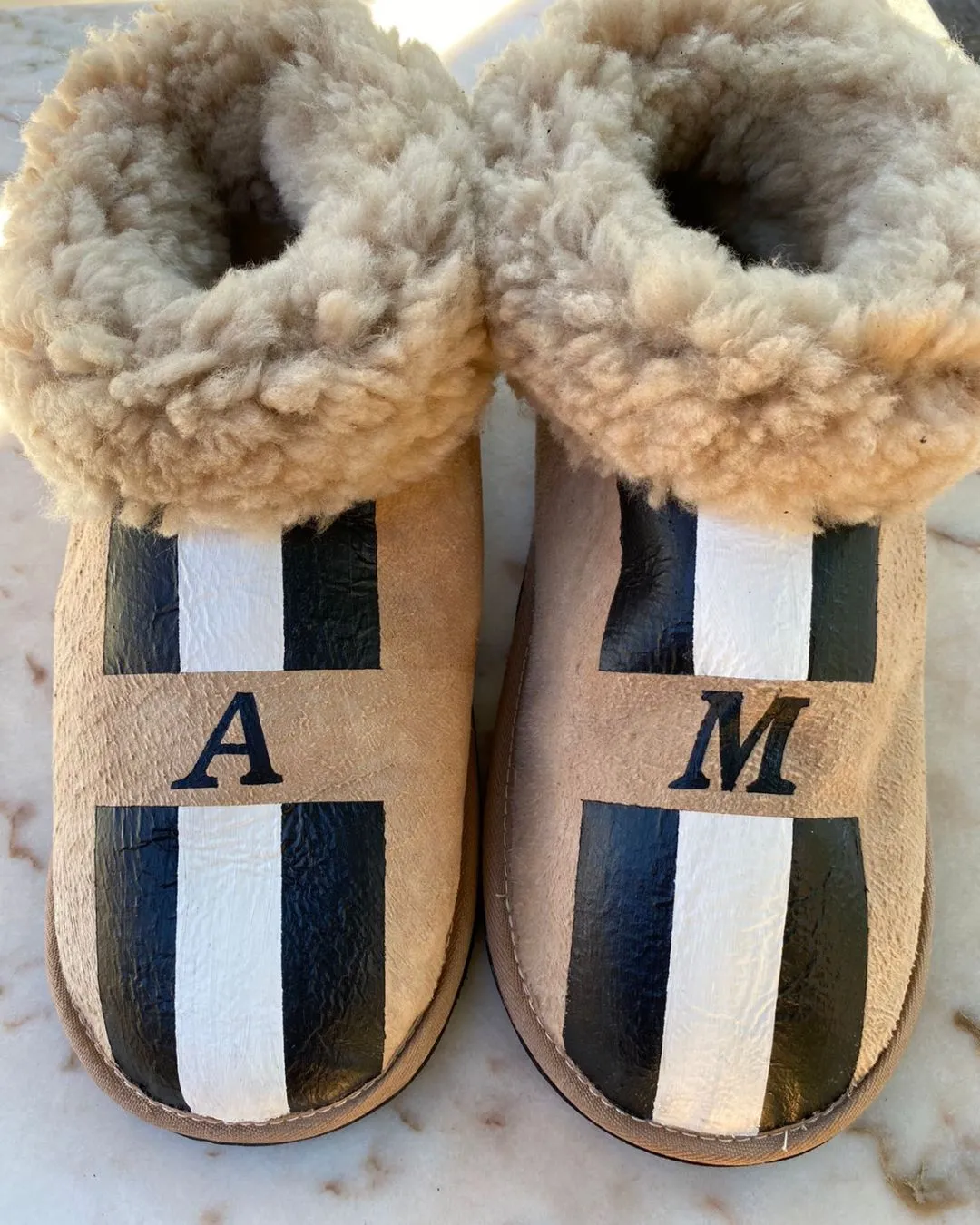 Natural Adult Slippers: Personalised Monogram with Stripes