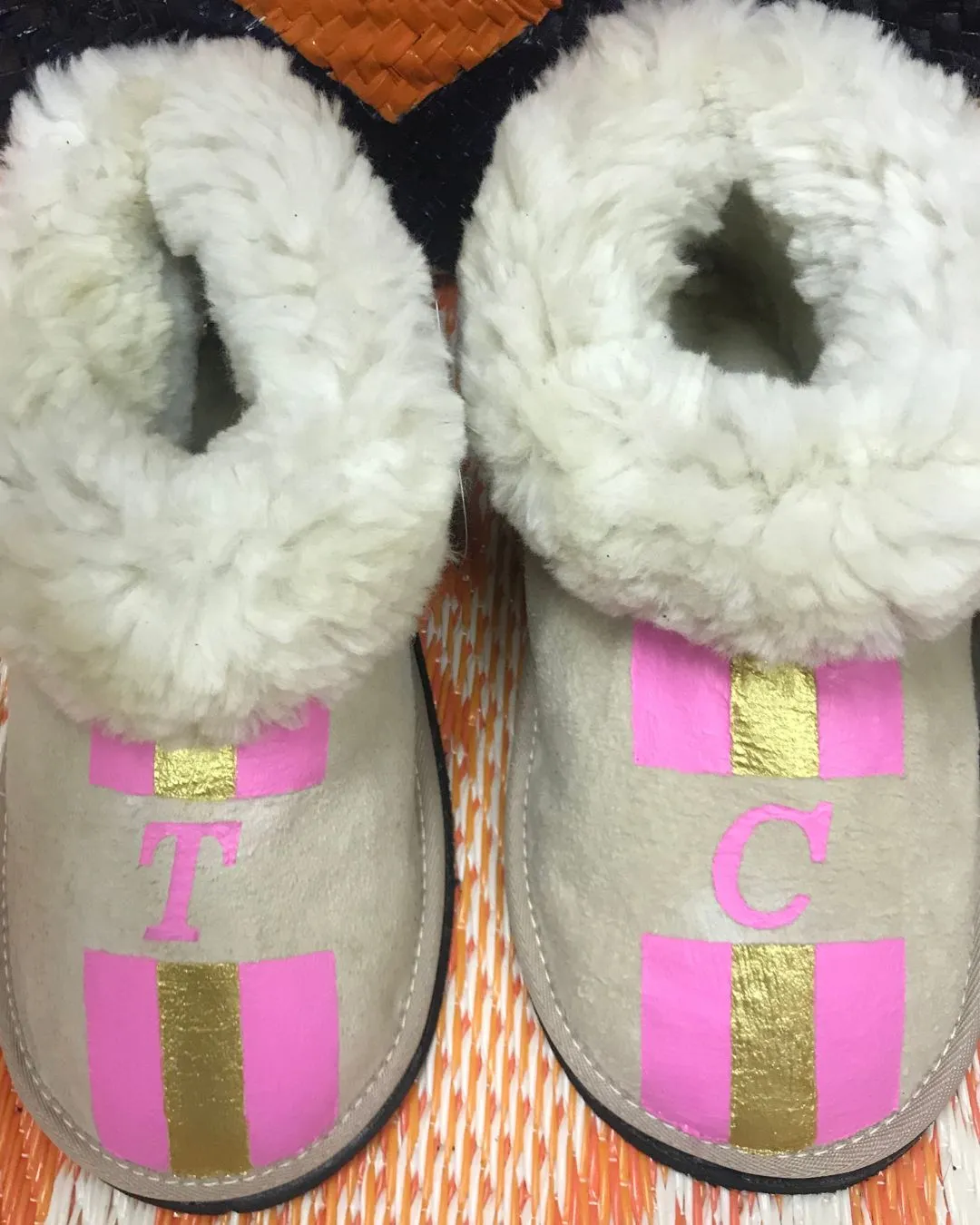 Natural Adult Slippers: Personalised Monogram with Stripes