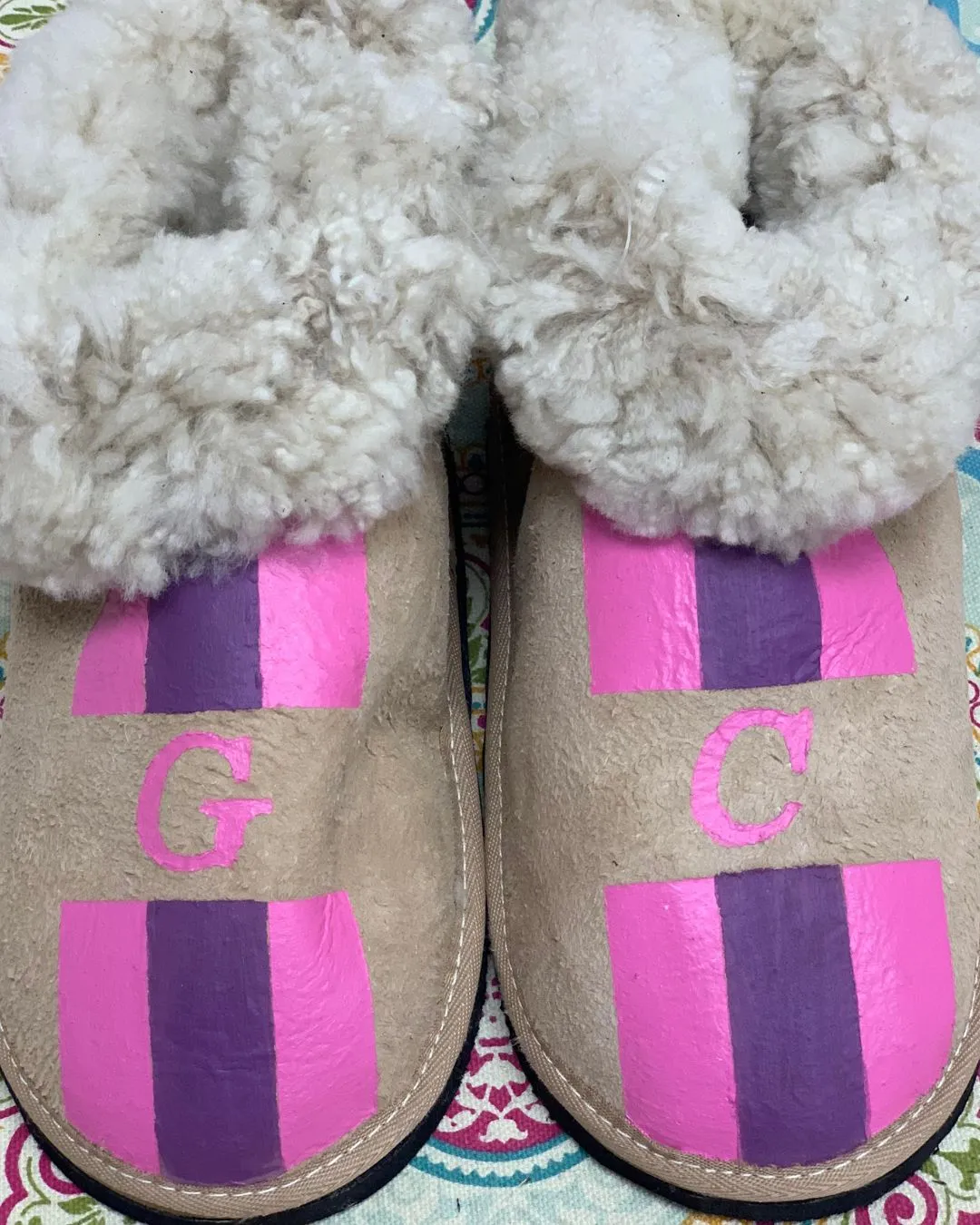 Natural Adult Slippers: Personalised Monogram with Stripes