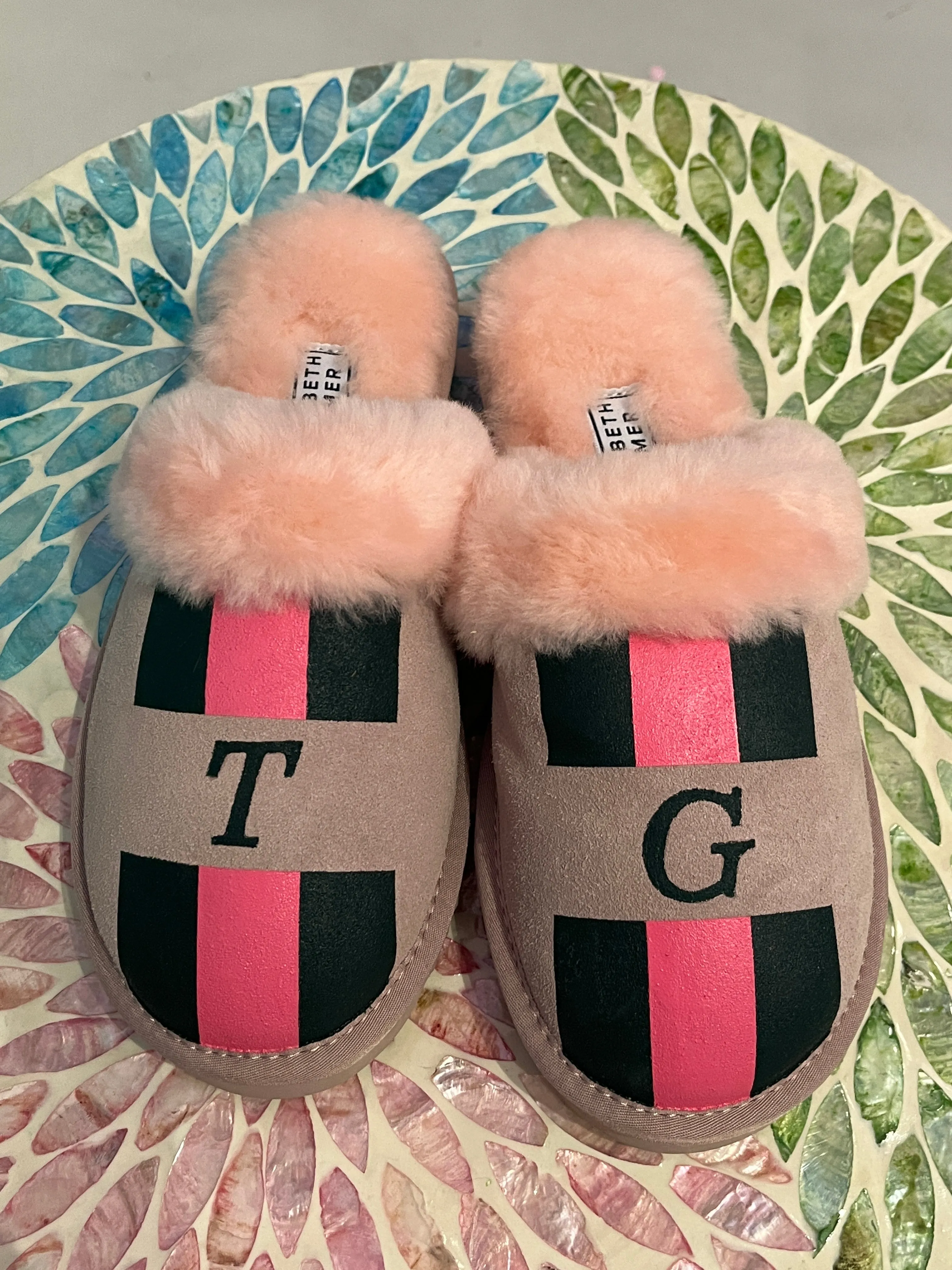Pink Adult Slippers: Personalised Monogram with Stripes
