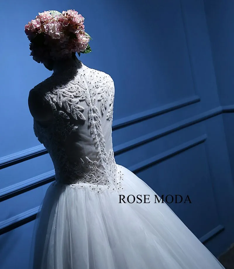 Rosemoda Luxury Illusion Heavy Beadowork Rhinestone Top Ball Gown Wedding Dress with Royal Train