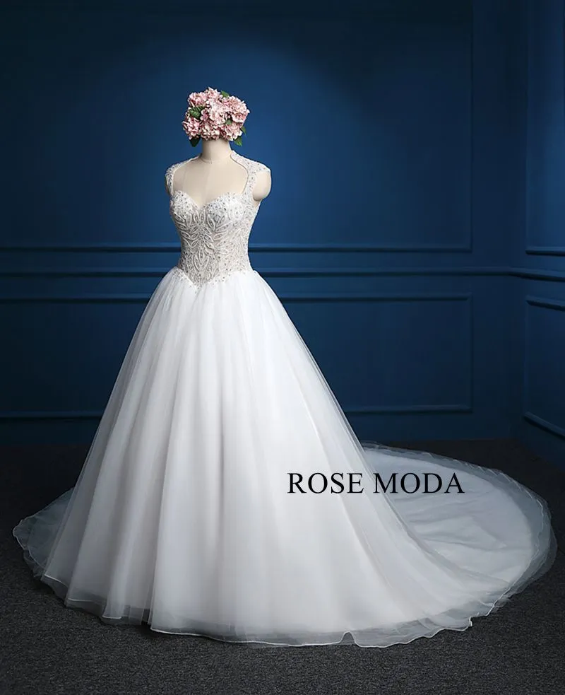 Rosemoda Luxury Illusion Heavy Beadowork Rhinestone Top Ball Gown Wedding Dress with Royal Train