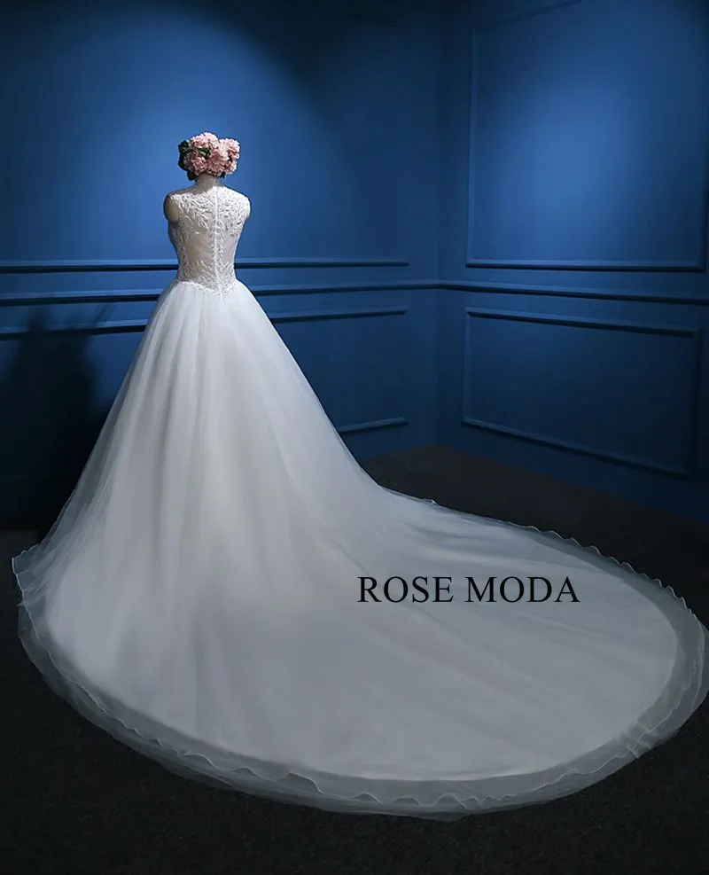 Rosemoda Luxury Illusion Heavy Beadowork Rhinestone Top Ball Gown Wedding Dress with Royal Train