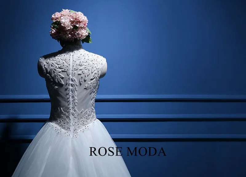 Rosemoda Luxury Illusion Heavy Beadowork Rhinestone Top Ball Gown Wedding Dress with Royal Train