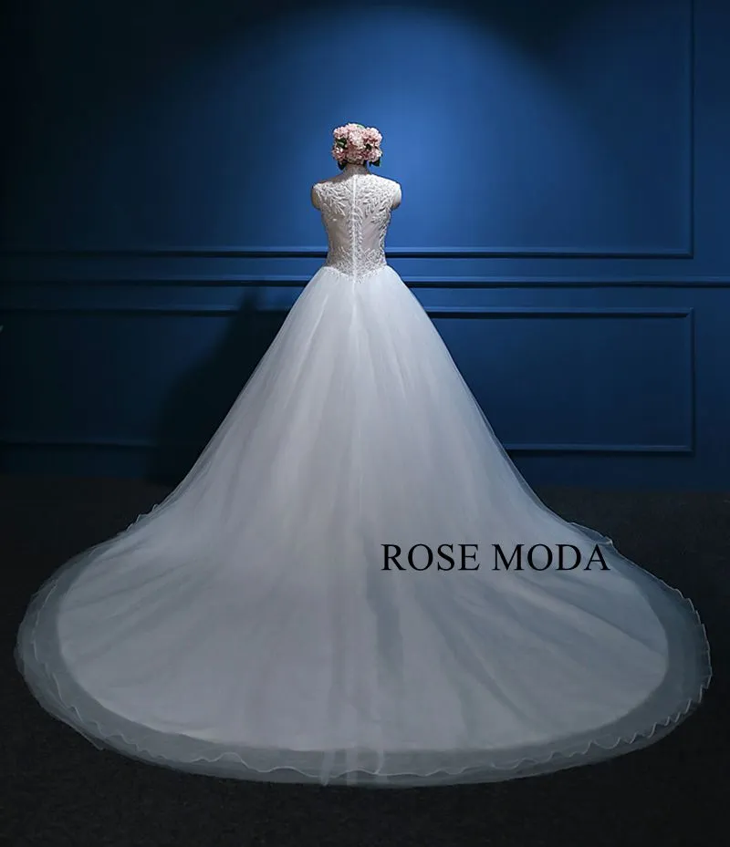Rosemoda Luxury Illusion Heavy Beadowork Rhinestone Top Ball Gown Wedding Dress with Royal Train