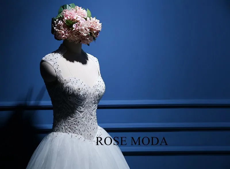 Rosemoda Luxury Illusion Heavy Beadowork Rhinestone Top Ball Gown Wedding Dress with Royal Train