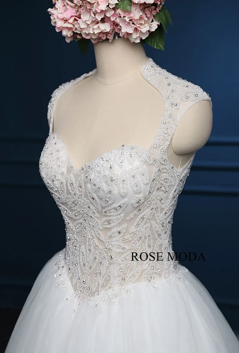 Rosemoda Luxury Illusion Heavy Beadowork Rhinestone Top Ball Gown Wedding Dress with Royal Train
