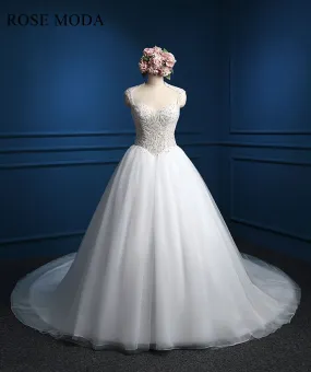 Rosemoda Luxury Illusion Heavy Beadowork Rhinestone Top Ball Gown Wedding Dress with Royal Train