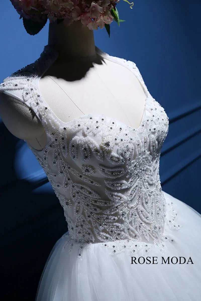 Rosemoda Luxury Illusion Heavy Beadowork Rhinestone Top Ball Gown Wedding Dress with Royal Train