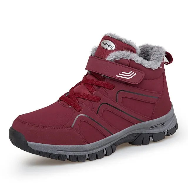 Winter Women Men Boots Plush Leather Waterproof Sneakers Climbing