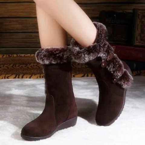 Winter Women's Boots – Casual Warm Fur Mid-Calf Boots, Slip-On Round Toe Wedges, Plus Size Snow Boots