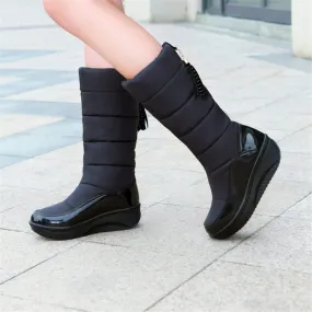 Women's Winter Snow Boots – Round Toe, Plush Patent Leather, High Heel Wedge Platform, Tassel Casual Mid-Calf Boots in Black & Brown